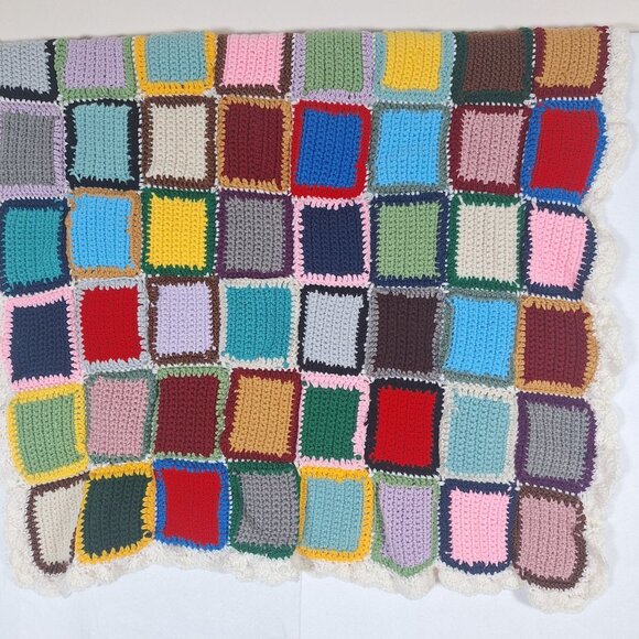 Handmade Multicolor Crochet Blanket With Square Patchwork Design & Scalloped Edg - Picture 1 of 4